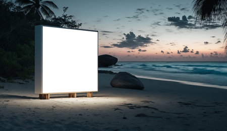 Blank advertising billboard on the tropical beach landscape during sunset. Generative AI.の素材