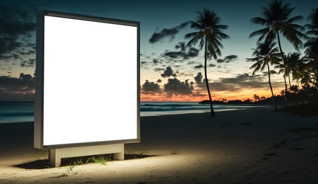 Blank advertising billboard on the tropical beach landscape during sunset. Generative AI.の素材