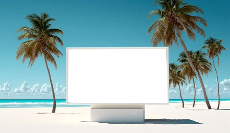 Image of empty white billboard on the beach infront of blue sea and the sky. Generative AI.の素材