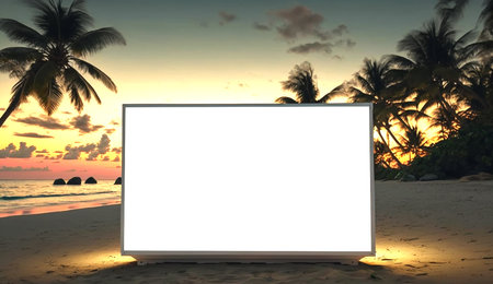 Image of empty white billboard on tropical beach infront of sunset sky. Generative AI.の素材