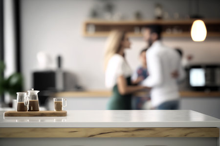 Empty kitchen counter worktop for product display. Blurred people in the background. Generative aiの素材