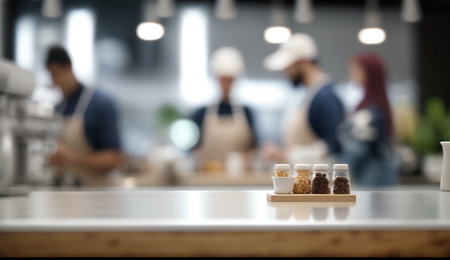 Empty kitchen counter worktop for product display. Blurred people in the background. Generative aiの素材