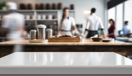 Empty kitchen counter worktop for product display. Blurred people in the background. Generative aiの素材