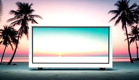 Blank advertising billboard with the tropical beach landscape during sunset. Generative AI.の素材