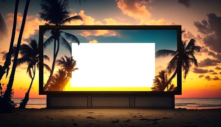 Image of empty white billboard on tropical beach infront of sunset sky. Generative AI.の素材