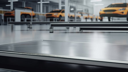 Empty metal platform for displaying products, blurred car workshop in background. Generative AI.の素材