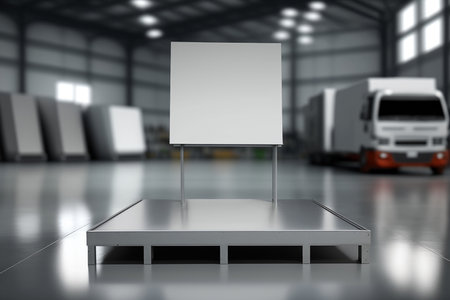 Empty metal platform for displaying products, blurred car workshop in background. Generative AI.の素材
