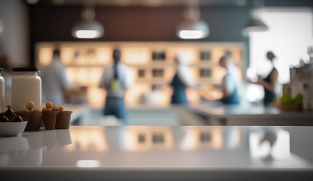 Empty kitchen counter worktop for product display. Blurred people in the background. Generative aiの素材