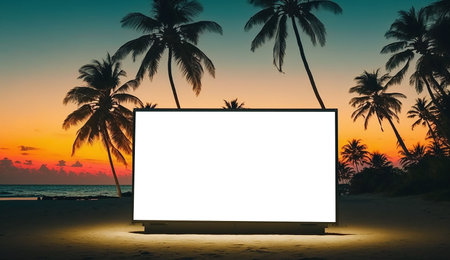Image of empty white billboard on tropical beach infront of sunset sky. Generative AI.の素材