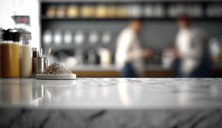Empty kitchen counter worktop for product display. Blurred people in the background. Generative aiの素材