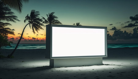Image of empty white billboard on tropical beach infront of sunset sky. Generative AI.の素材