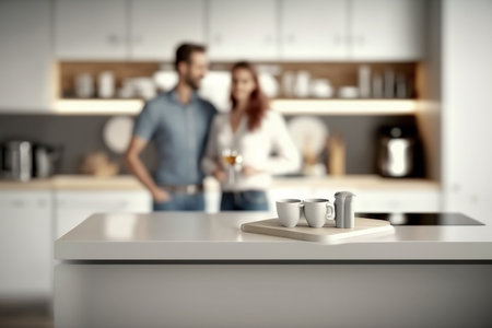 Empty kitchen counter worktop for product display. Blurred people in the background. Generative aiの素材