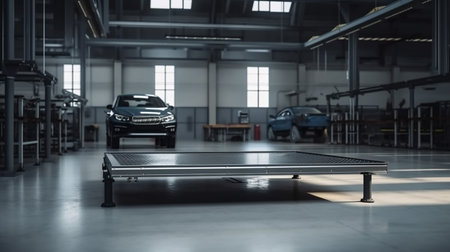 Empty metal platform for displaying products, blurred car workshop in background. Generative AI.の素材