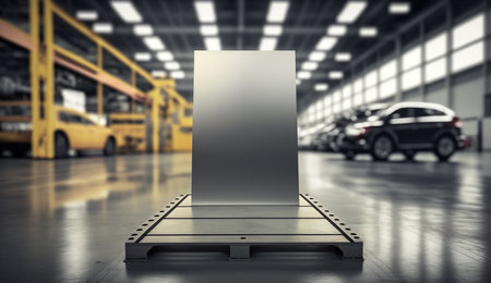 Empty metal platform for displaying products, blurred car workshop in background. Generative AI.の素材