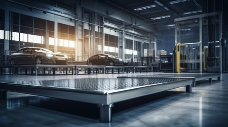 Empty metal platform for displaying products, blurred car workshop in background. Generative AI.の素材