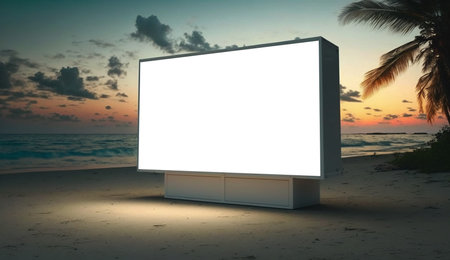 Blank advertising billboard on the tropical beach landscape during sunset. Generative AI.の素材
