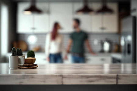 Empty kitchen counter worktop for product display. Blurred people in the background. Generative aiの素材