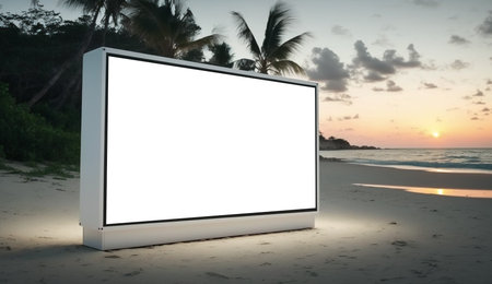 Blank advertising billboard on the tropical beach landscape during sunset. Generative AI.の素材