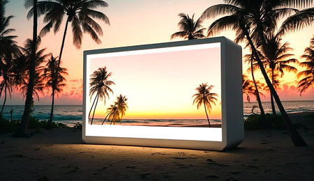 Blank advertising billboard with the tropical beach landscape during sunset. Generative AI.の素材