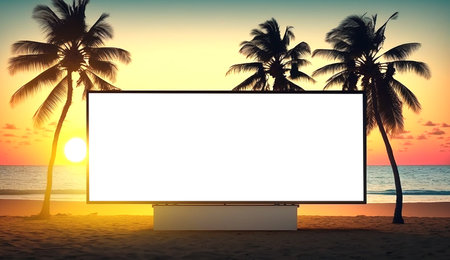 Blank advertising billboard on the tropical beach landscape during sunset. Generative AI.の素材