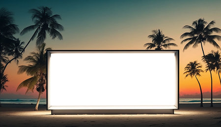 Blank advertising billboard on the tropical beach landscape during sunset. Generative AI.の素材