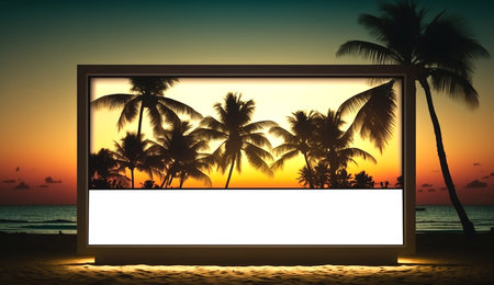 Blank advertising billboard on the tropical beach landscape during sunset. Generative AI.の素材