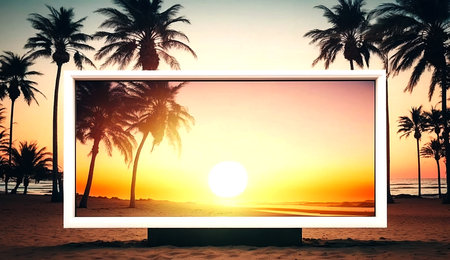 Blank advertising billboard with the tropical beach landscape during sunset. Generative AI.の素材