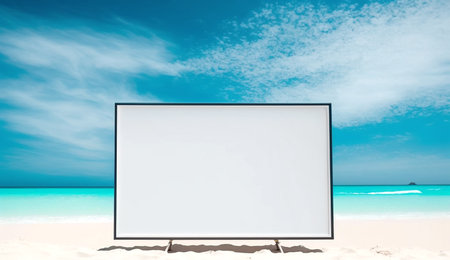 Blank advertising billboard on the blue ocean background. Generative AI.の素材