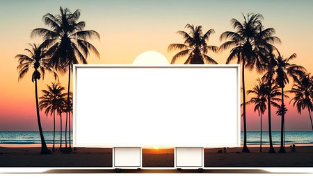 Image of empty white billboard on tropical beach infront of sunset sky. Generative AI.の素材