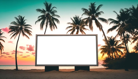 Blank advertising billboard on the tropical beach landscape during sunset. Generative AI.の素材