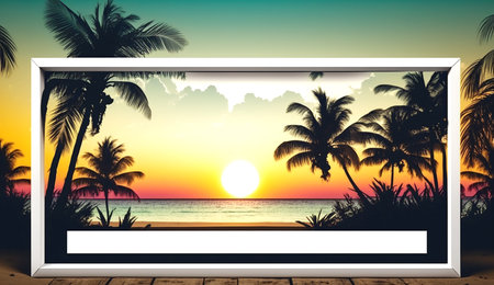 Blank advertising billboard with the tropical beach landscape during sunset. Generative AI.の素材