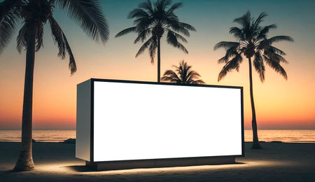 Blank advertising billboard on the tropical beach landscape during sunset. Generative AI.の素材