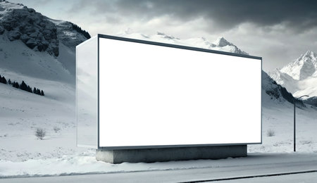 Empty white advertising billboard on snowy mountain background. Generative AI.の素材
