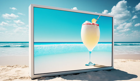 Blank advertising billboard  with cocktail glass on the blue ocean background. Generative AI.の素材