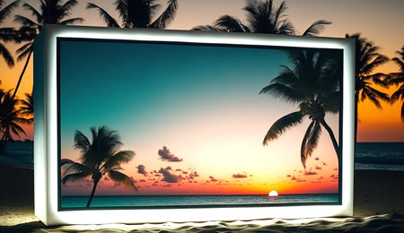 Blank advertising billboard with the tropical beach landscape during sunset. Generative AI.の素材