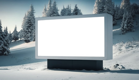 Empty white advertising billboard on snowy mountain background. Generative AI.の素材