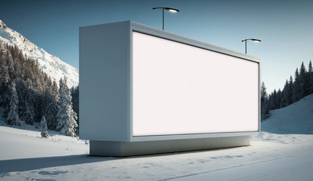 Empty white advertising billboard on snowy mountain background. Generative AI.の素材