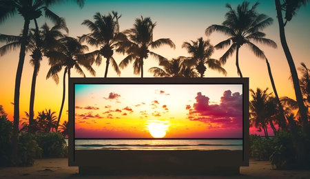 Blank advertising billboard with the tropical beach landscape during sunset. Generative AI.の素材