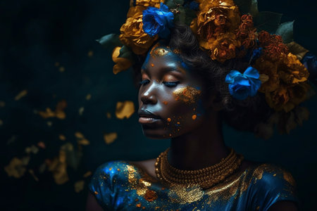 Sensual black woman posing with abstract painted on her face and body. Generative AI.の素材