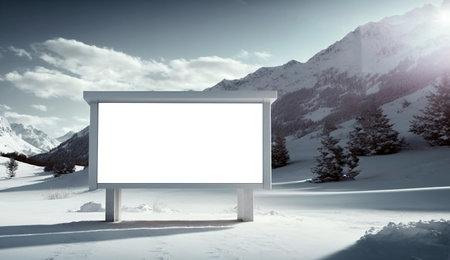 Empty white advertising billboard on snowy mountain background. Generative AI.の素材