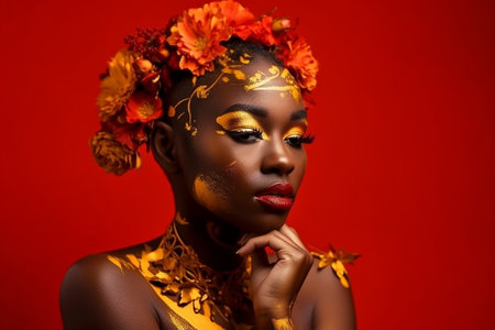 Sensual black woman posing with abstract painted on her body on red background. Generative AI.の素材