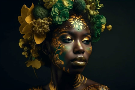 Sensual black woman posing with abstract painted on her face and body. Generative AI.の素材