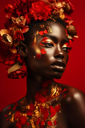 Sexy black woman posing with abstract painted on her body on red background. Generative AI.の素材