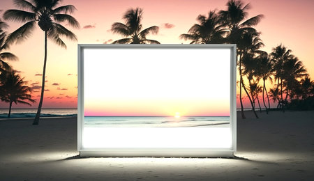 Blank advertising billboard with the tropical beach landscape during sunset. Generative AI.の素材