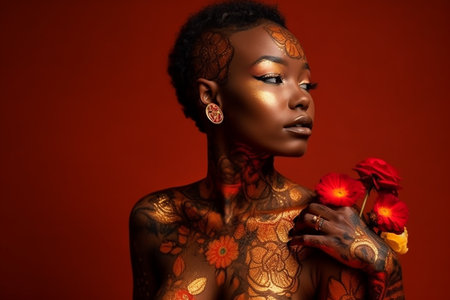 Sensual black woman posing with abstract painted on her body on red background. Generative AI.の素材