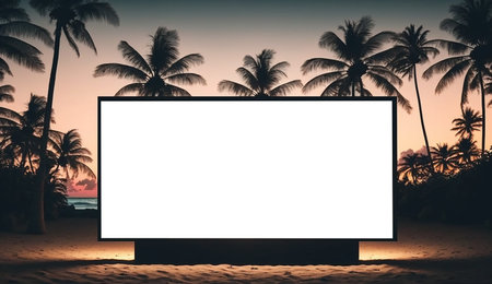 Blank advertising billboard on the tropical beach landscape during sunset. Generative AI.の素材