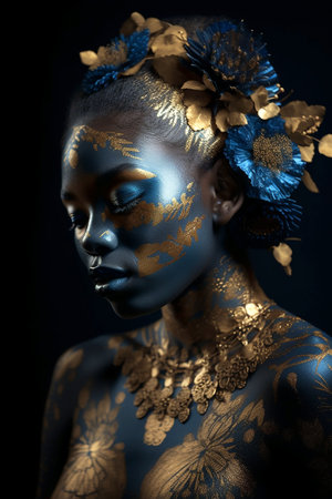 Sensual black woman posing with abstract painted on her face and body. Generative AI.の素材