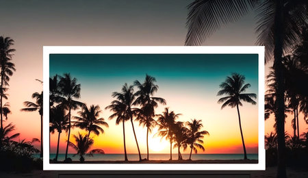 Blank advertising billboard with the tropical beach landscape during sunset. Generative AI.の素材