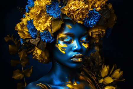 Sensual black woman posing with abstract painted on her face and body. Generative AI.の素材