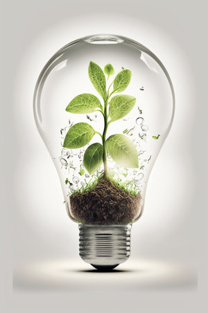 Light Bulb with green sprout inside isolated in white background. Generative AI.の素材